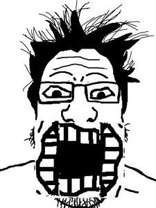markiplier soyjak, forehead lines, forehead wrinkles, glasses, hair, monochrome, ms paint, no ears, open mouth, soyjak