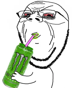 gapejak, wholesome soyjak, arm, bloodshot eyes, drinking, drinking straw, glasses, hands, holding object, monster energy