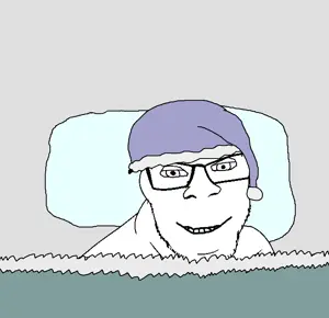 feraljak, bed, blanket, closed mouth, clothes, eyelids, glasses, hat, mustache, nightcap