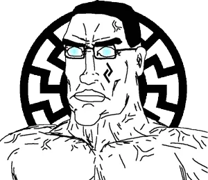 chudjak, chudjak front, muscular chud, a10 eyes, animated, blue eyes, looking at you, sonnenrad, uncolored skin