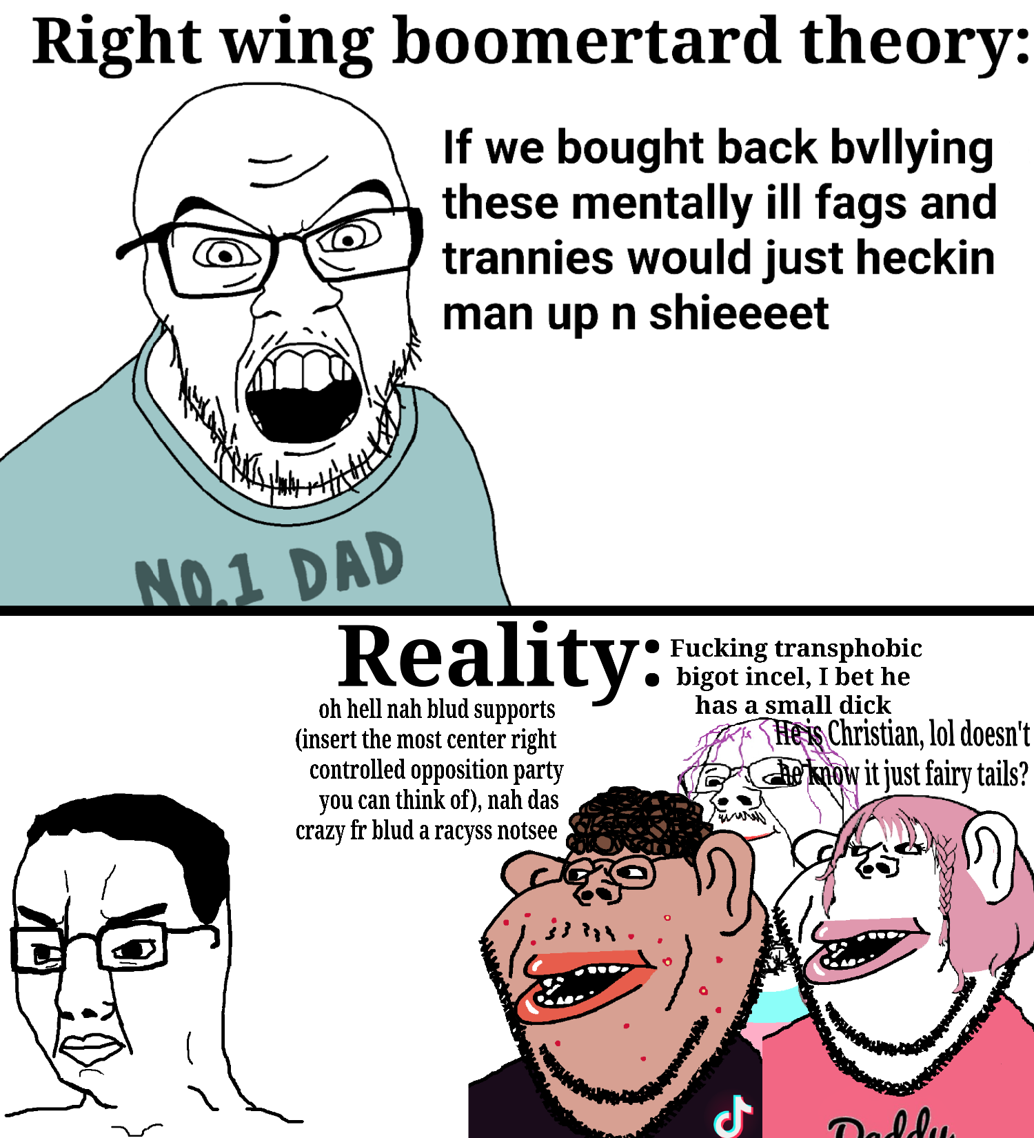 chudjak, feraljak, gapejak, impish soyak ears, impish amerimutt, boomer, bullying, daddy's girl, ebonics, female