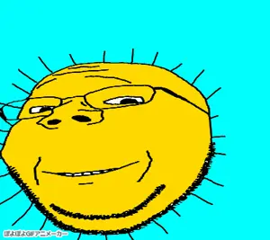 gapejak, wholesome soyjak, animated, glasses, japanese text, poyopoyo, poyunpoyun, sky, smile, soyjak