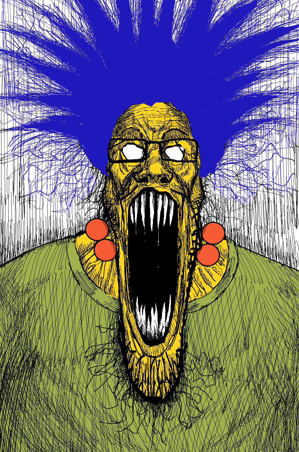 marge simpson, markiplier soyjak, schizojak, beads, blue hair, clothed, clothes, gape, glasses, green clothes