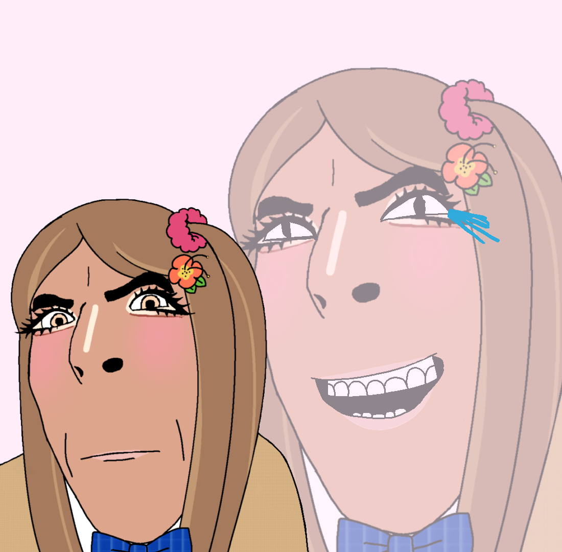 cobson, cobgal, gyarujak, bow, brown skin, closed mouth, female, flower, gyaru, laughing