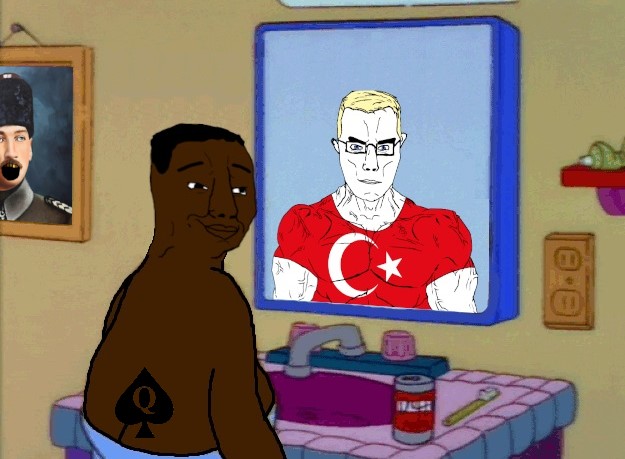 homer simpson, chudjak, chudjak front, muscular chud, 2soyjaks, angry, ataturk, black skin, buff, cartoon