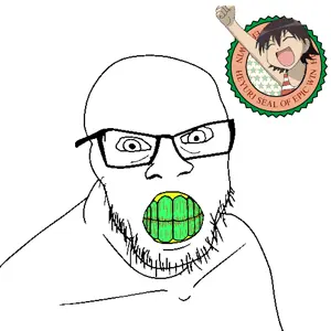 feraljak, anime, clenched teeth, glasses, glowing, green teeth, heyuri, logo, no eyebrows, soyjak