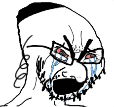 cryboy soyjak, bloodshot eyes, bushy eyebrows, clothes, crying, deformed, glasses, hat, judaism, kippah