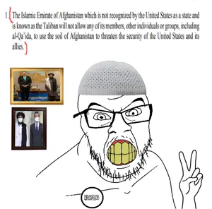feraljak, badge, clenched teeth, clothes, doha agreement, glasses, hands, hat, islam, peace sign