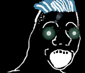 zoomer, thougher, black skin, blue hair, glowing, glowing eyes, hair, inverted, open mouth, soyjak