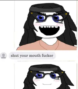 soytan, closed mouth, clothes, glasses, hair, meme, open mouth, speech bubble, text