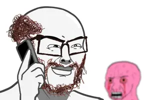 wojak, nujak, ear, glasses, hair, hands, holding object, phone, pink skin, smug