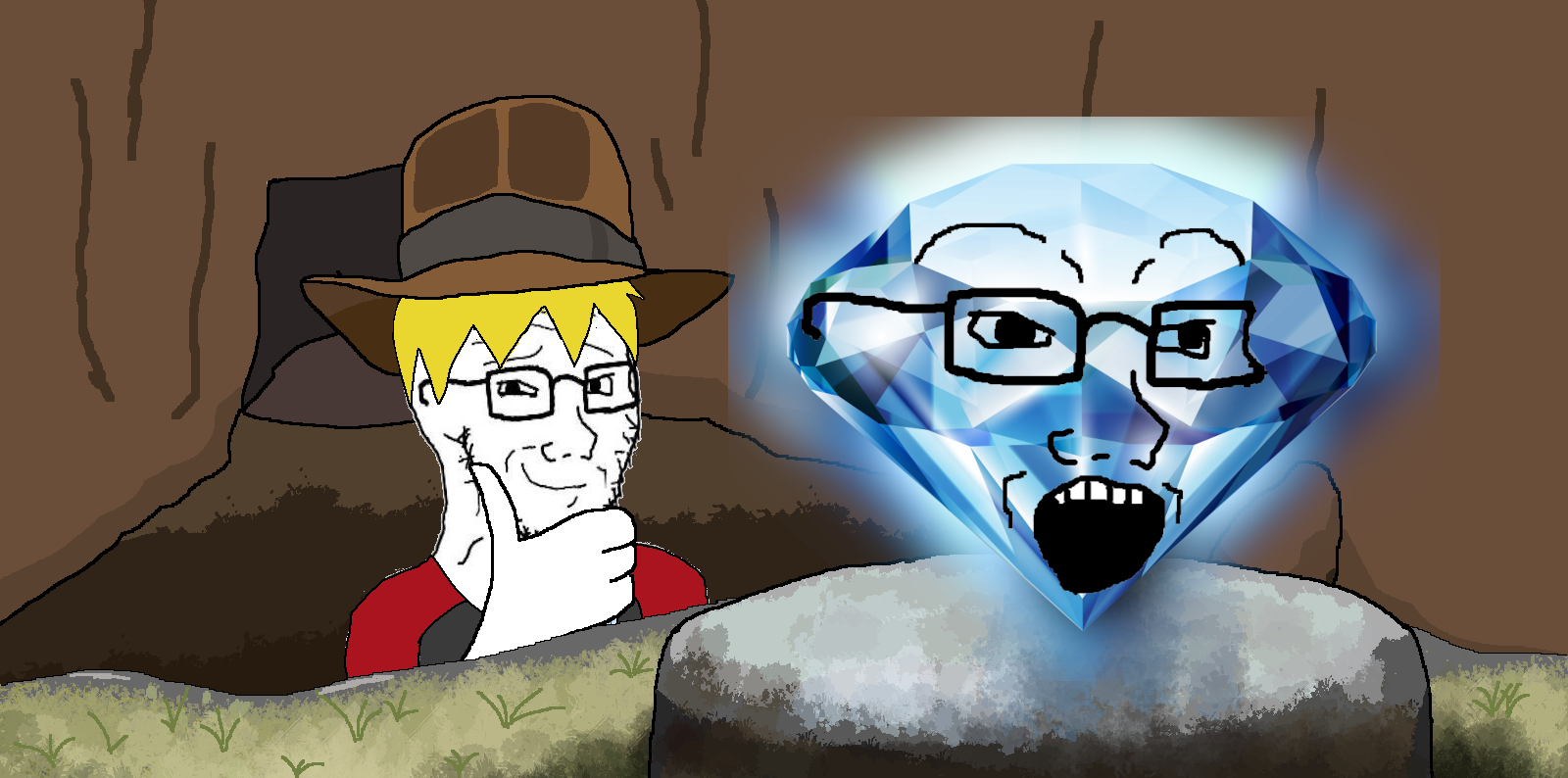 nate higgers, soyak, soyak (smug), natejak, 2soyjaks, blonde hair, cave, closed mouth, clothes, cowboy hat