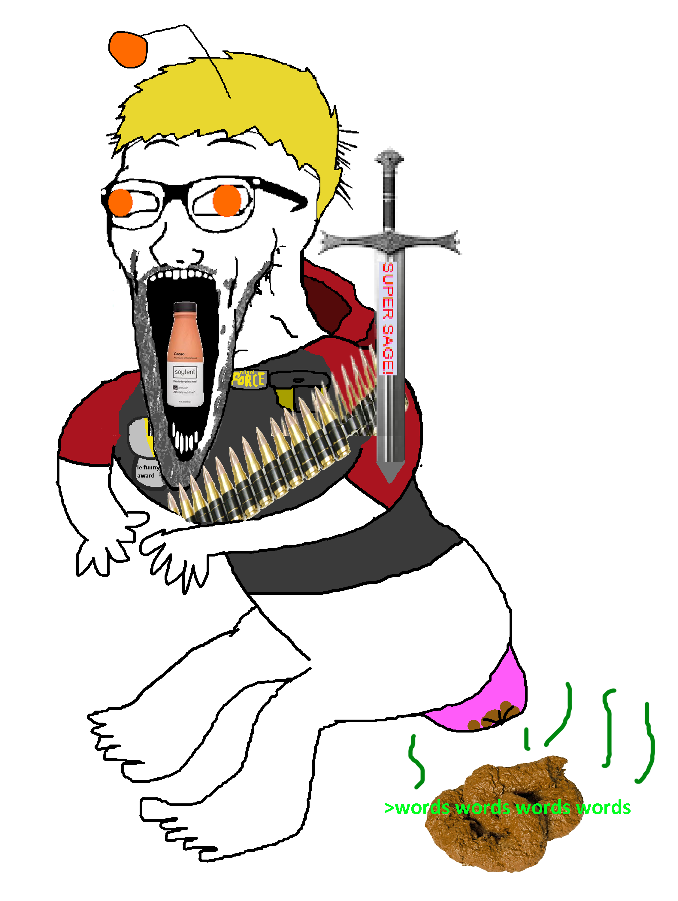 nate higgers, excited soyjak, soyak, wewjak, natejak, blonde hair, bullet, full body, hair, orange eyes