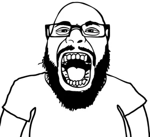 markiplier soyjak, science lover, bald, beard, gape, glasses, neutral, open mouth, stubble