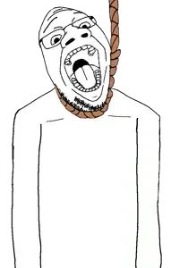goopjak, ack, arm, body, glasses, hanging, open mouth, rope, soyjak, stubble