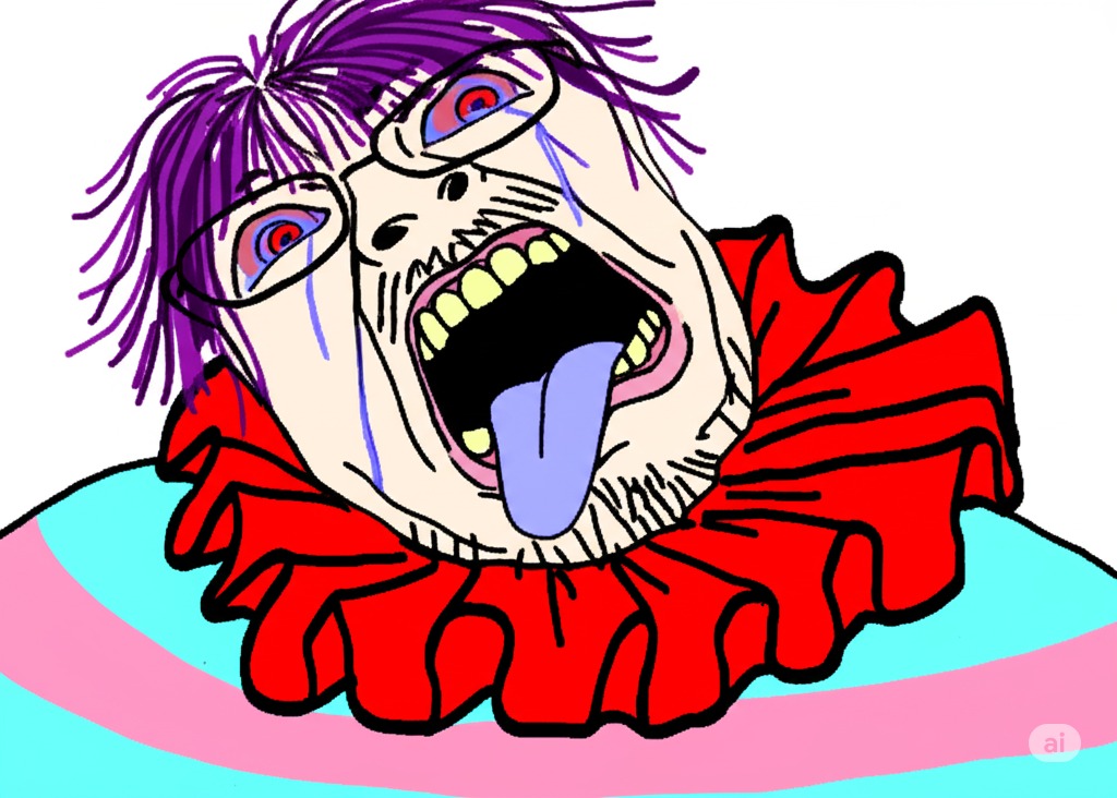 bernd, bloodshot eyes, crying, glasses, hair, mustache, open mouth, purple hair, soyjak, stubble