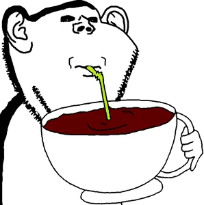 impish soyak ears, impdrink, big ears, black sclera, blood, drinking, drinking straw, ear, hands, looking at you