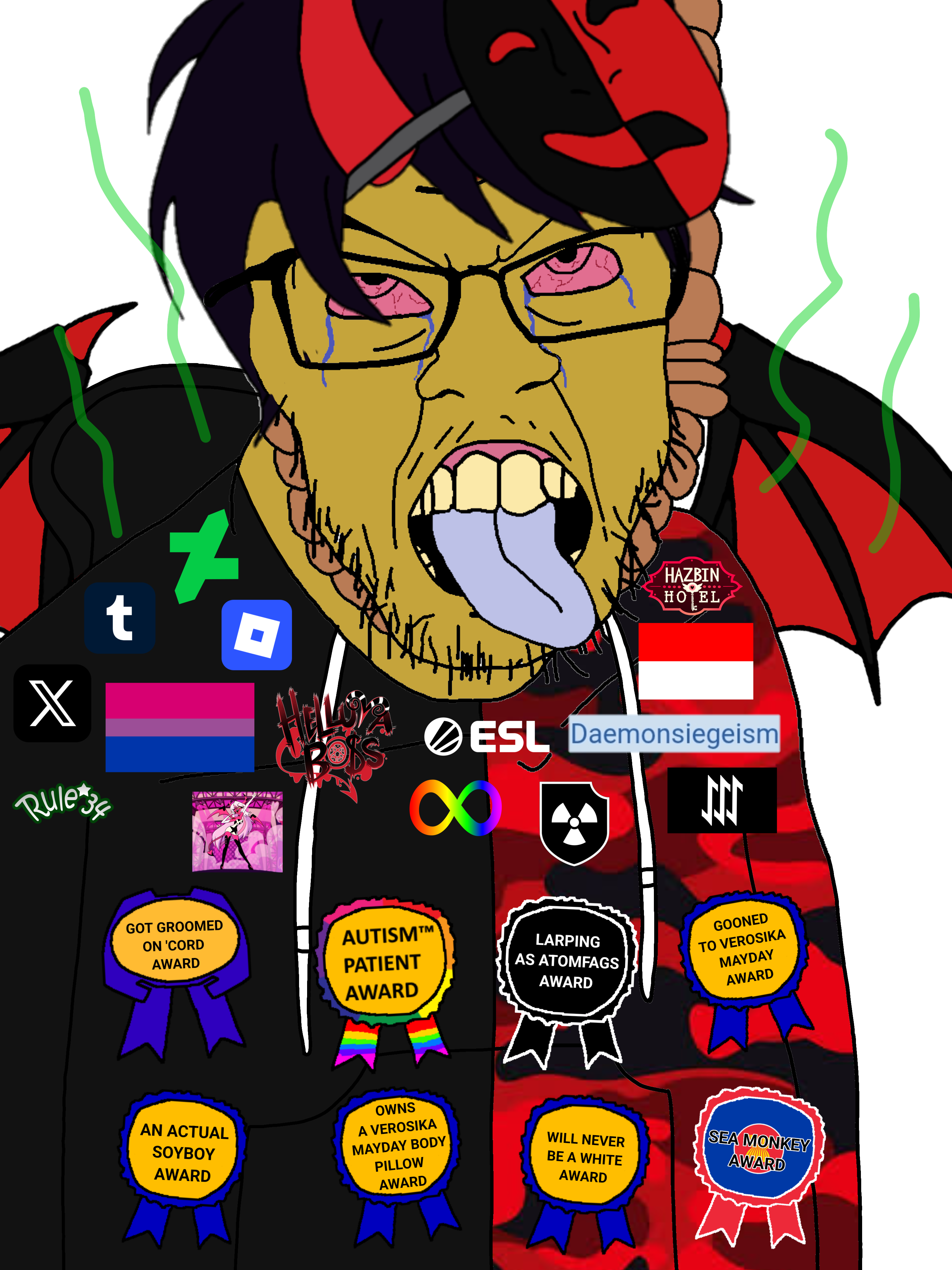 verosika mayday, feraljak, slopjak, ack, atomwaffen division, autism, autism patient award, award, bisexual, bloodshot eyes