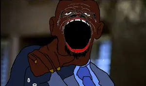 a24 slowburn soyjak, /tv/, black skin, open mouth, pointing, seething, the shield