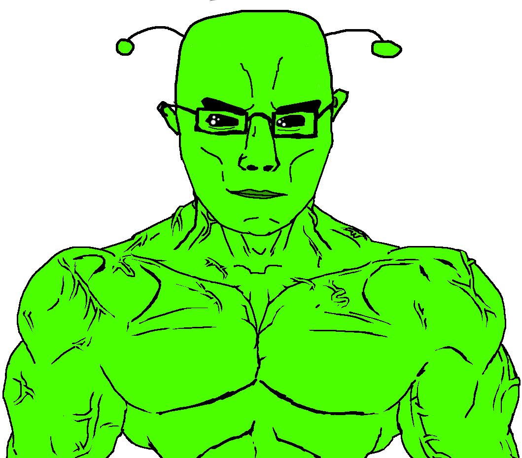 chudjak, chudjak front, muscular chud, alienjaks, alien, antenna, black eyes, buff, closed mouth, ear