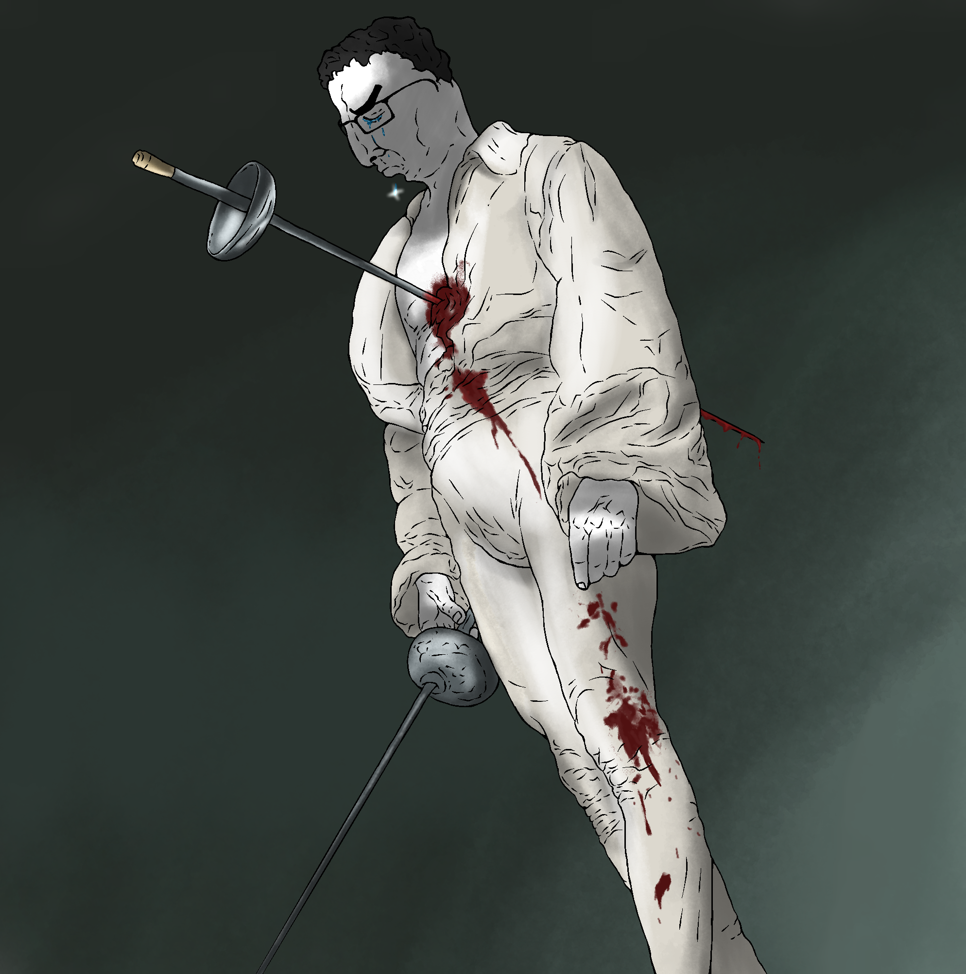 chudjak, arm, art, background, blood, classical art parody, closed eyes, closed mouth, clothes, crying