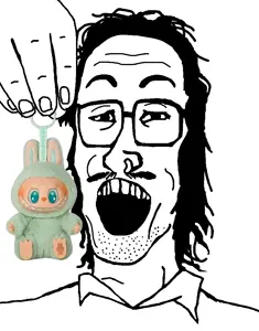 mulletjak, gaping mouth, glasses, holding object, labubu, mullet, open mouth