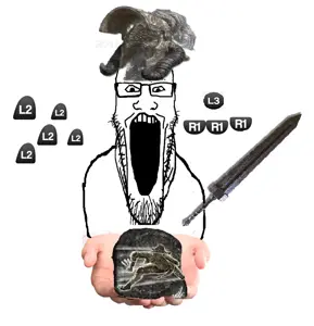 markiplier soyjak, dark souls, elden ring, glasses, hands, holding object, open mouth, soyjak, stretched mouth, stubble