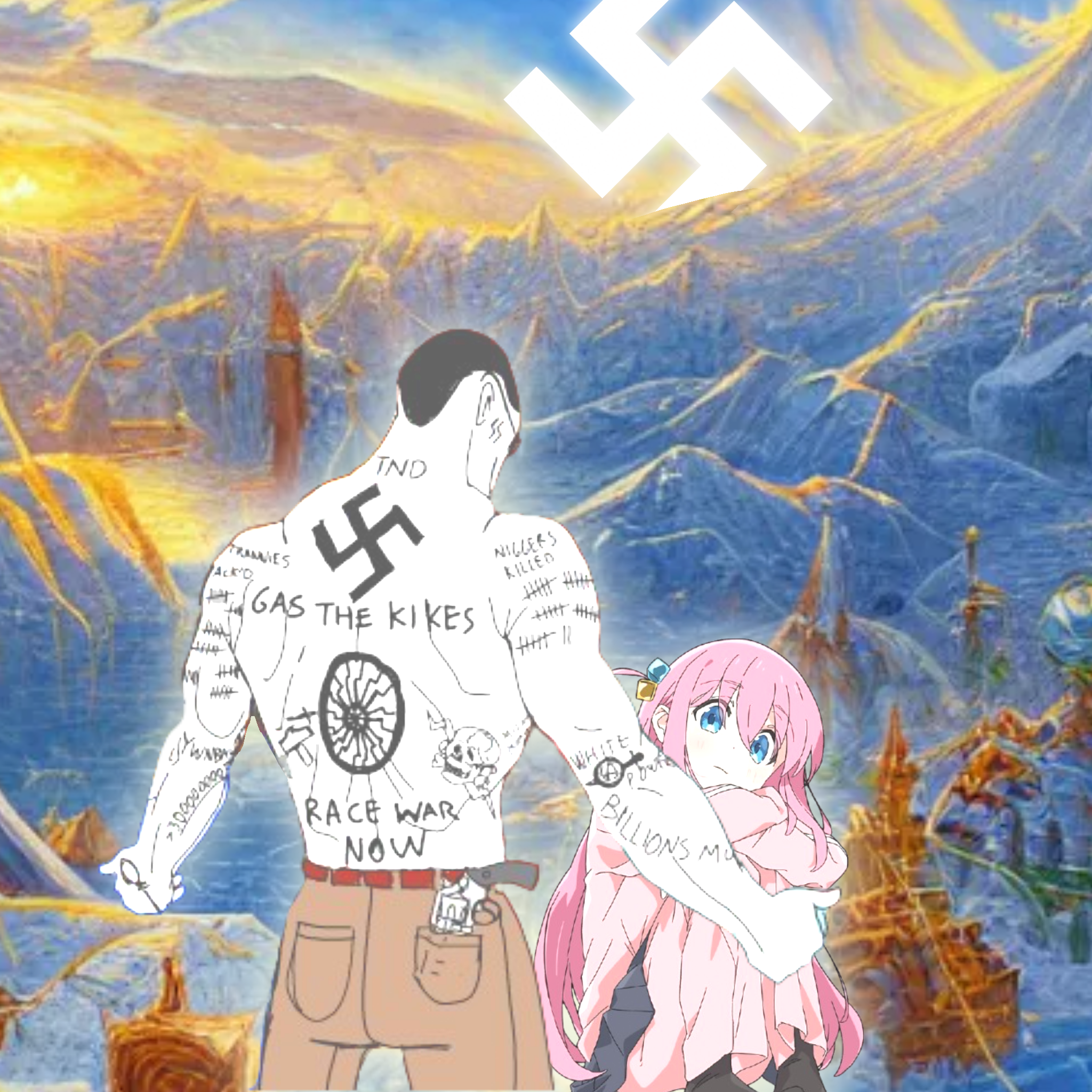 chudjak, chudjak front, muscular chud, anime, anime girl, bocchi the rock, buff, chud, cleavage, female