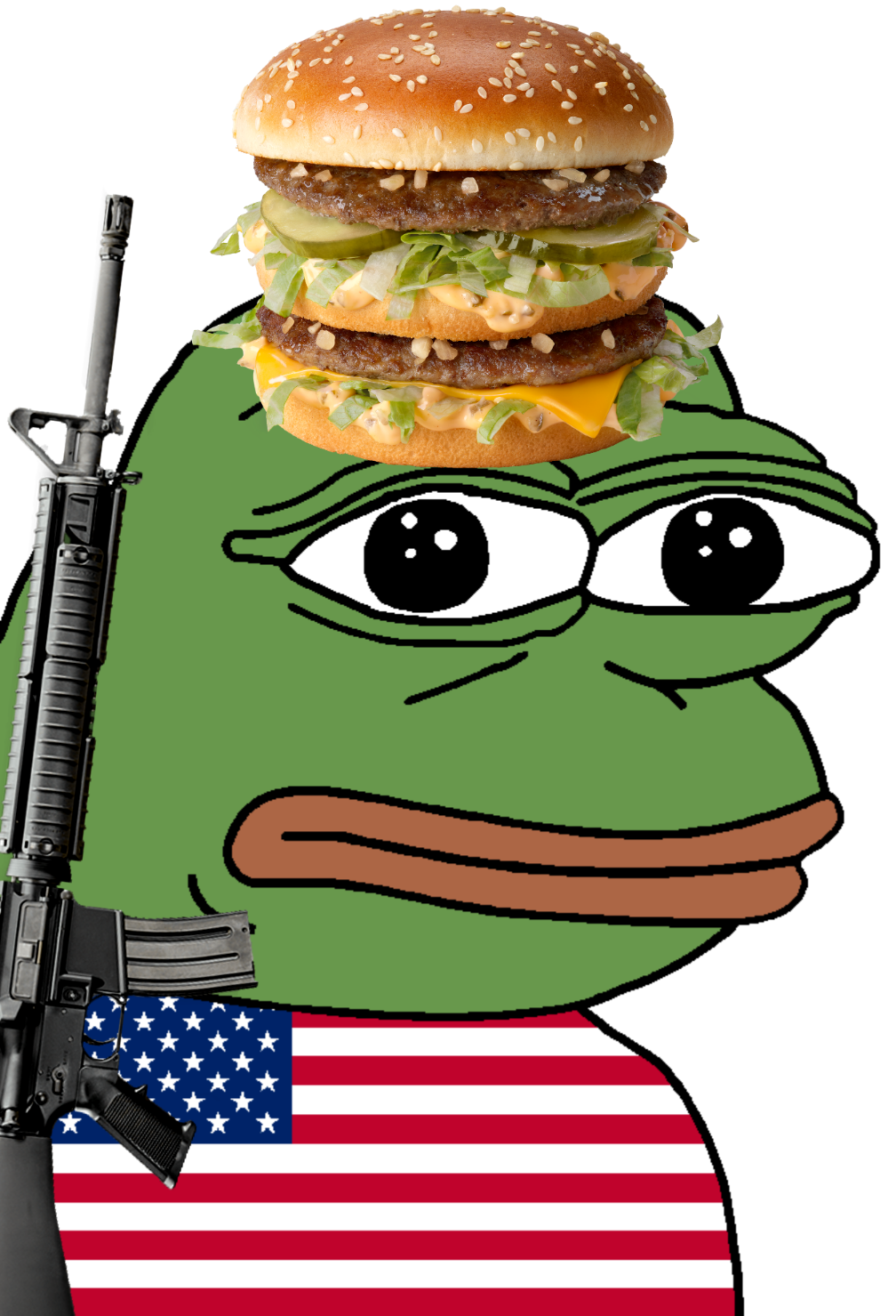 pepe, pepe hat, amphibian, animal, assault rifle, bald, beef, bread, bun, cheese