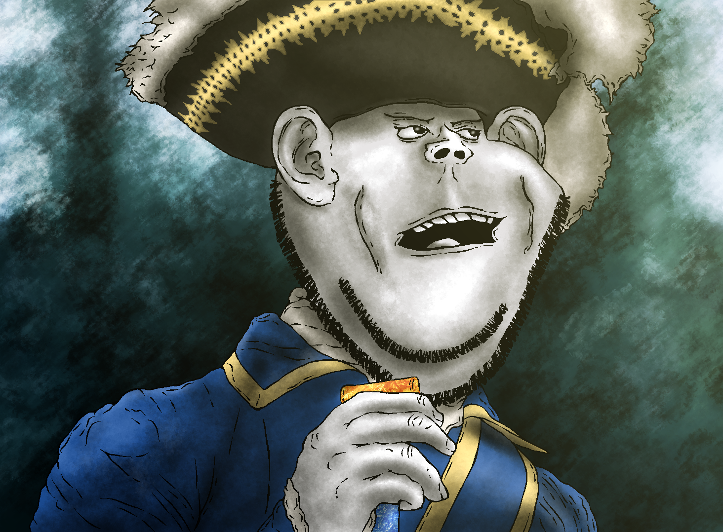 impish soyak ears, 1700s, art, background, bicorne, blue shirt, classical art parody, clothes, ear, eyebrows