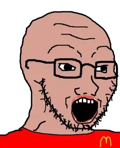 soyak, amerimutt, glasses, lips, mcdonalds, open mouth, red shirt, soyjak, stubble