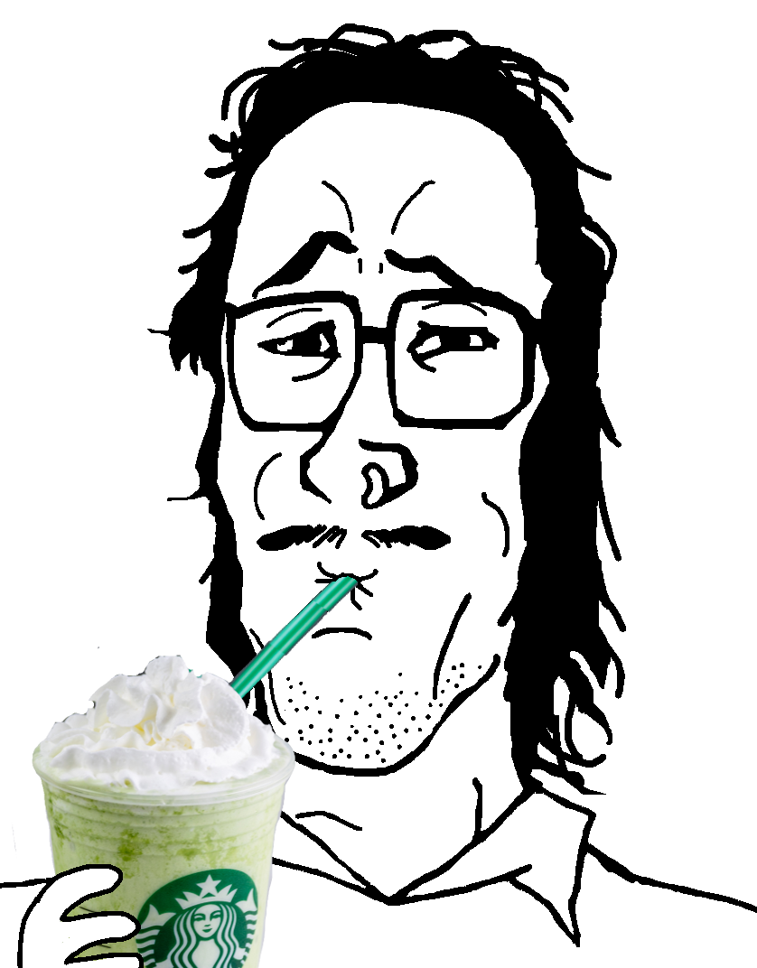 mulletjak, collared shirt, drinking, drinking straw, eyebrows, glasses, hair, hands, matcha, mullet