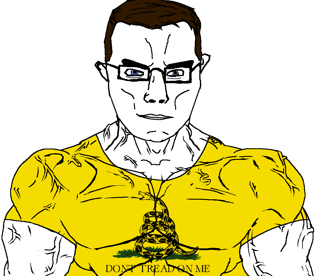 chudjak, chudjak front, muscular chud, animal, blue eyes, brown hair, buff, bushy eyebrows, closed mouth, dont tread on me
