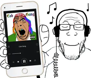 cobson, markiplier soyjak, phoneplier vertical, showing phone, 2soyjaks, 6ix9ine, arm, brown skin, closed eyes, closed mouth
