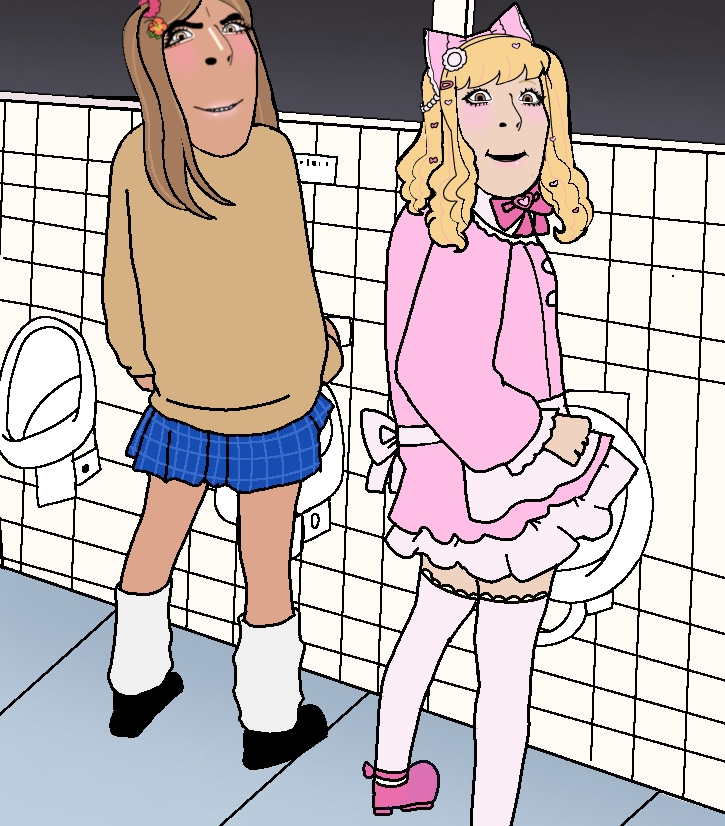 cobson, cobgal, himeson, gyarujak, background, bathroom, blonde hair, bow, brown hair, brown skin