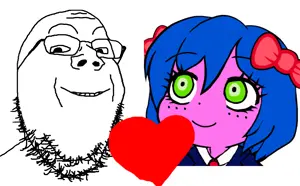 bury pink gril, gapejak, /s4s/, blue hair, glasses, green eyes, heart, pink skin, smile, soyjak