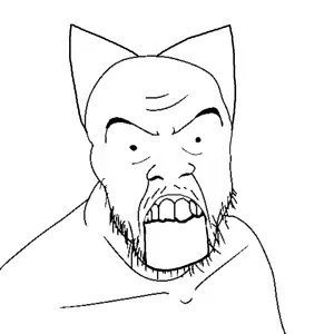 feraljak, unfunnycreature, angry, cat ears, ear, ears, no glasses, open mouth, soyjak, stubble