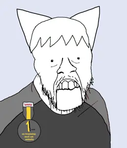 feraljak, unfunnycreature, badge, cat ears, clothes, ear, ears, gray shirt, hair, mustache