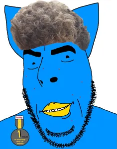 cobson, unfunnycreature, acne, badge, beak, blue skin, cat ears, closed mouth, ear, ears