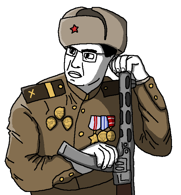 chudjak, clothes, communism, epaulettes, glasses, gun, hat, holding object, looking to the left, medal