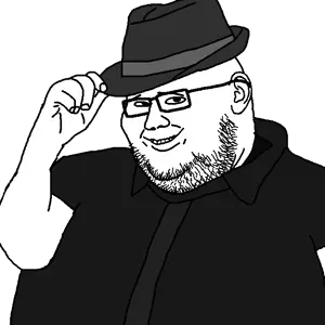 tipjak, black shirt, clothes, ear, fat, fedora, obese, smile, uncolored skin