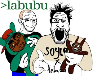 esl fnf pedo, chudjak, markiplier soyjak, soyak, chudplier, hair, happy, labubu, open mouth, plushie