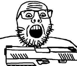unknown, forehead lines, gape, glasses, gun, looking down, open mouth, sig, stubble, teeth