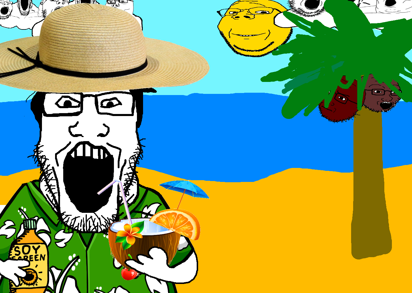 gapejak, markiplier soyjak, soyak, tony soprano soyjak, wholesome soyjak, soyjak trio, arm, beach, clothes, coconut