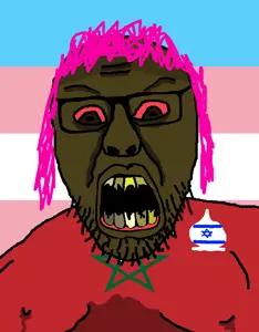 feraljak front, black skin, bloodshot eyes, clothes, country, cracked teeth, flag, glasses, hair, israel