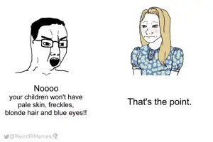 wojak, chudjak, aryan, a10 eyes, angry, glasses, hair, open mouth, seething, trad wife