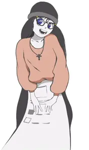 soytan, avengers, beanie, blush, brown shirt, clothes, cross, drink, eyelashes, female