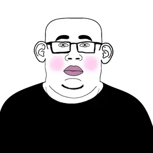 marshmallowjak, bald, beard, blush, clothes, ear, eyebrows, fat, glasses, lips