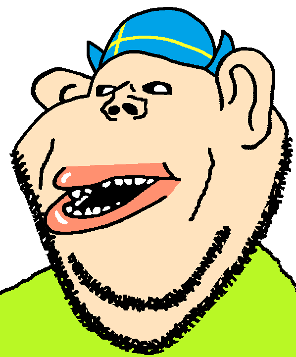 impish soyak ears, impish amerimutt, bald, beard, black eyes, black sclera, clothes, flag, green shirt, hat