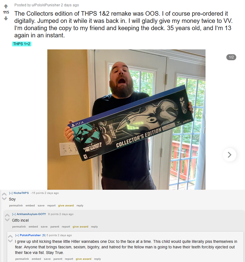 thps soyjak, irl soyjaks, beard, glasses, hands, holding object, mustache, open mouth, playstation, real life